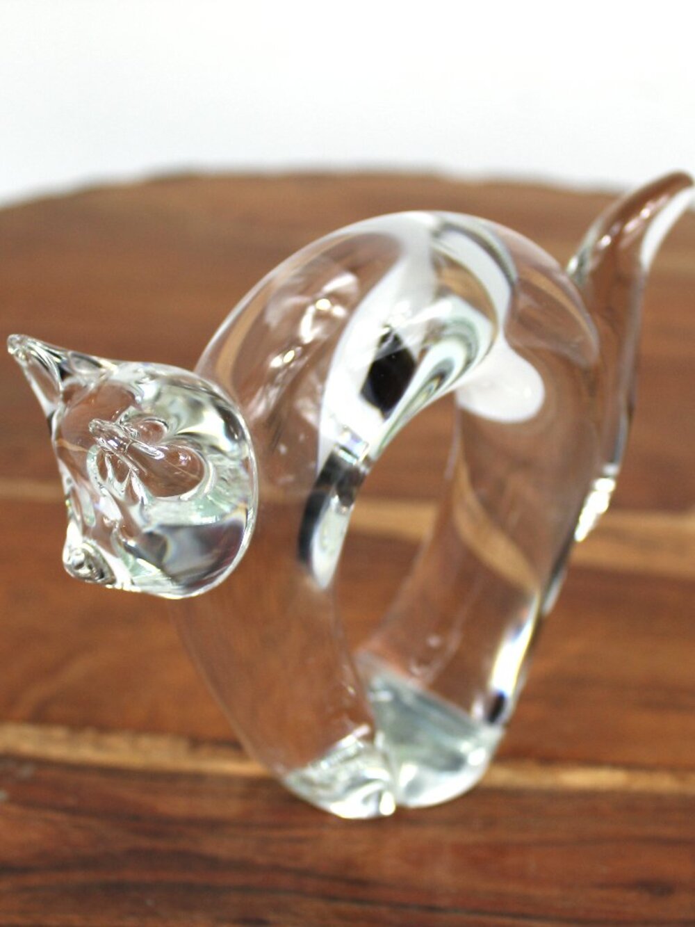Vintage Art Glass Cat Paperweight Unmarked Clear Glass MCM Mid-Century Heavy